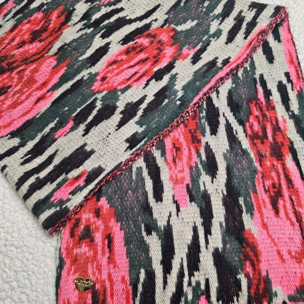 Betsey Johnson Sweater Knit Scarf Pink Rose Floral Black Fringe 72